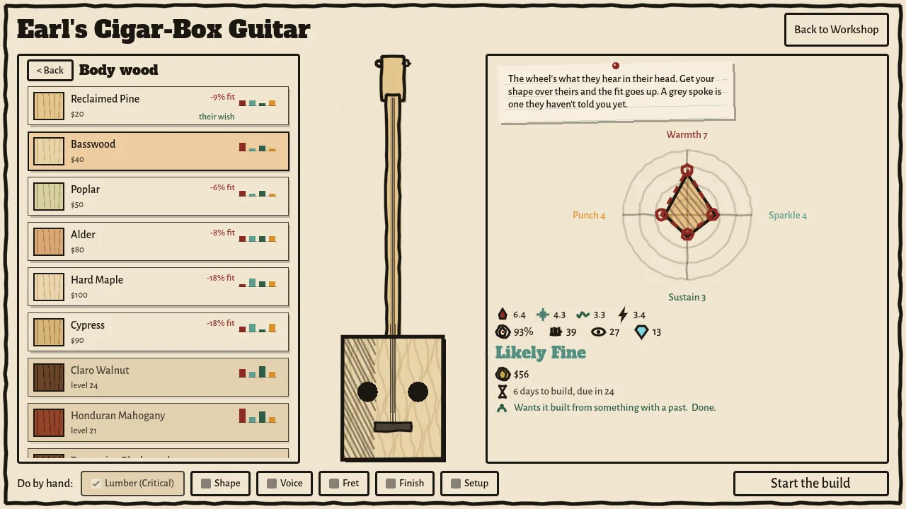 The design bench: picking woods and parts against the customer's tone wheel