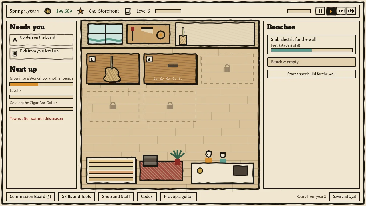 The workshop: benches, a guitar in progress, and what needs your attention